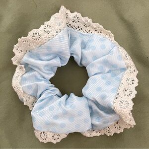 Baby Blue Polka Dot Lace Trim Scrunchie